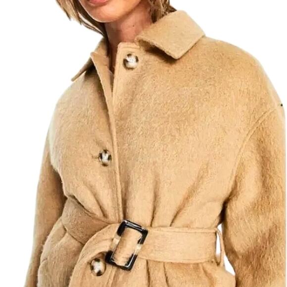 Topshop Shirt Jacket Belted Collared Long Sleeves Wool Blend Camel Tan W 4 NWT - Picture 1 of 10
